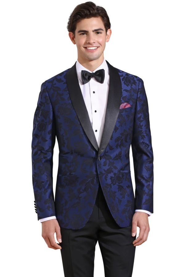 Cobalt Blue Floral Slim Fit Tuxedo Coat